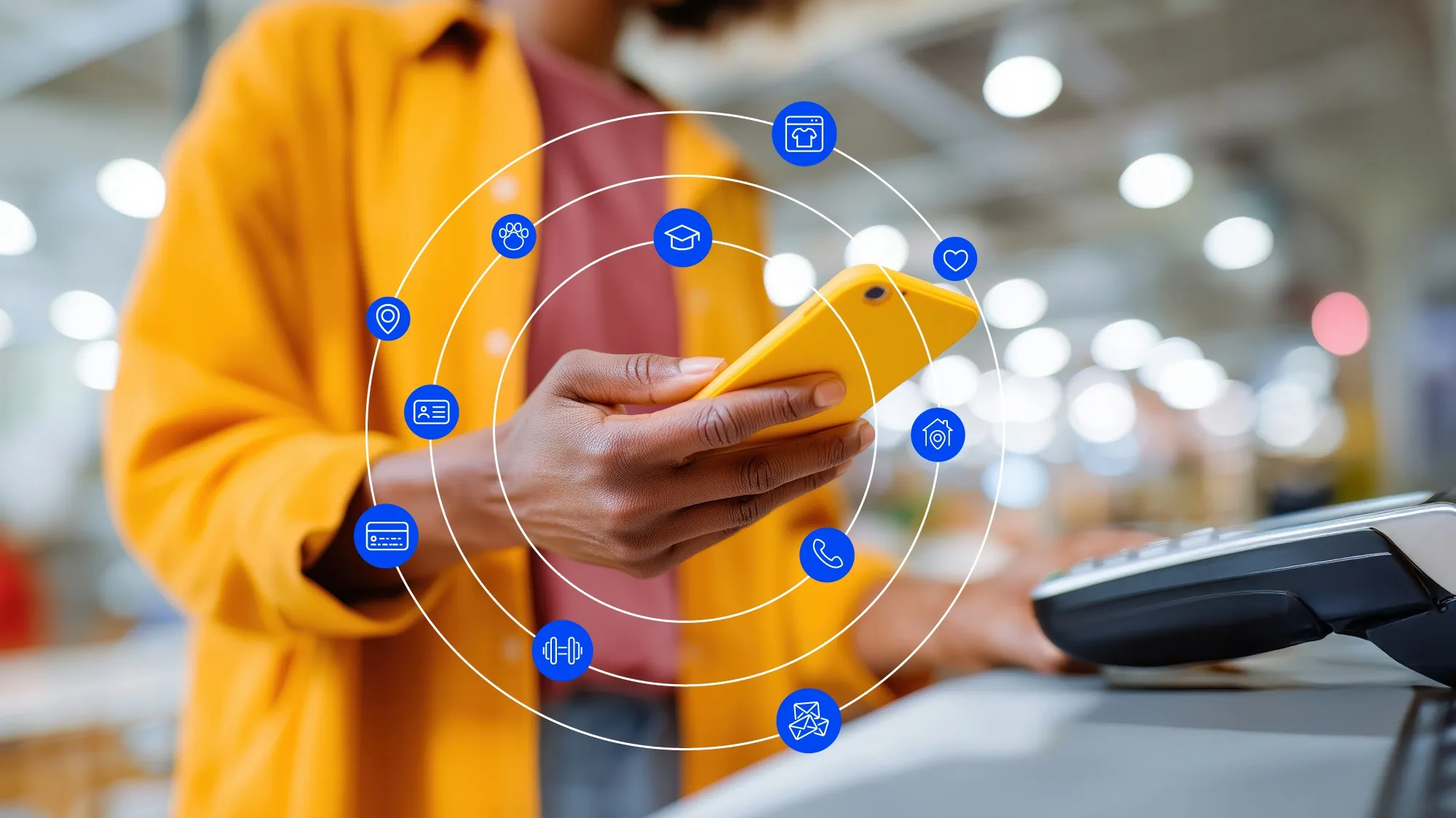 A shopper paying by phone, surrounded by the identity signals Deep Sync resolves