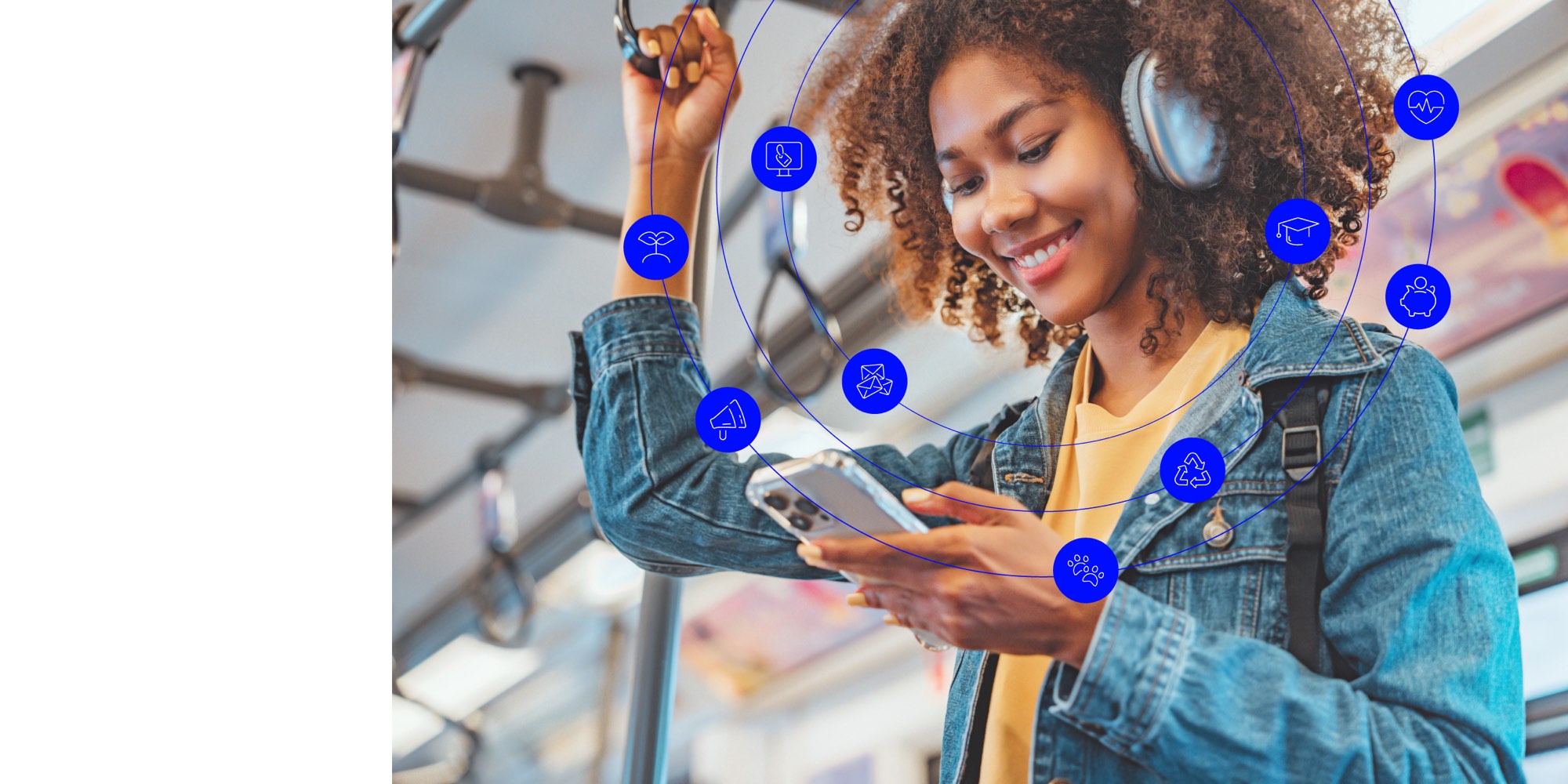 Young woman on public transit looking at her phone while wearing headphones. Concentric blue rings surround her with images that describe her lifestyle.