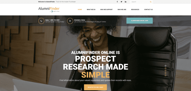 The homepage for AlumniFinder, a leading provider of nonprofit data enrichment services.