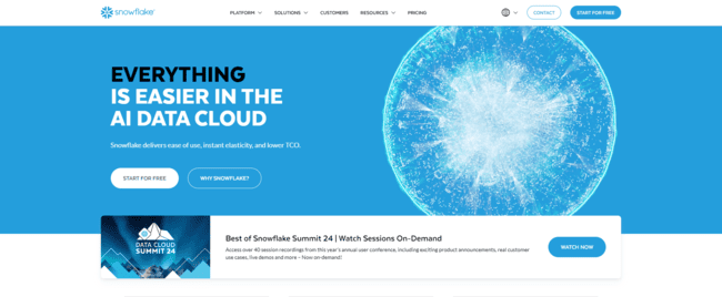 The homepage for Snowflake, a cloud data platform that hosts native enrichment apps.